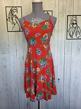 Old Navy Red Tropical Floral Fit & Flare Dress Size Medium Adjustable Straps